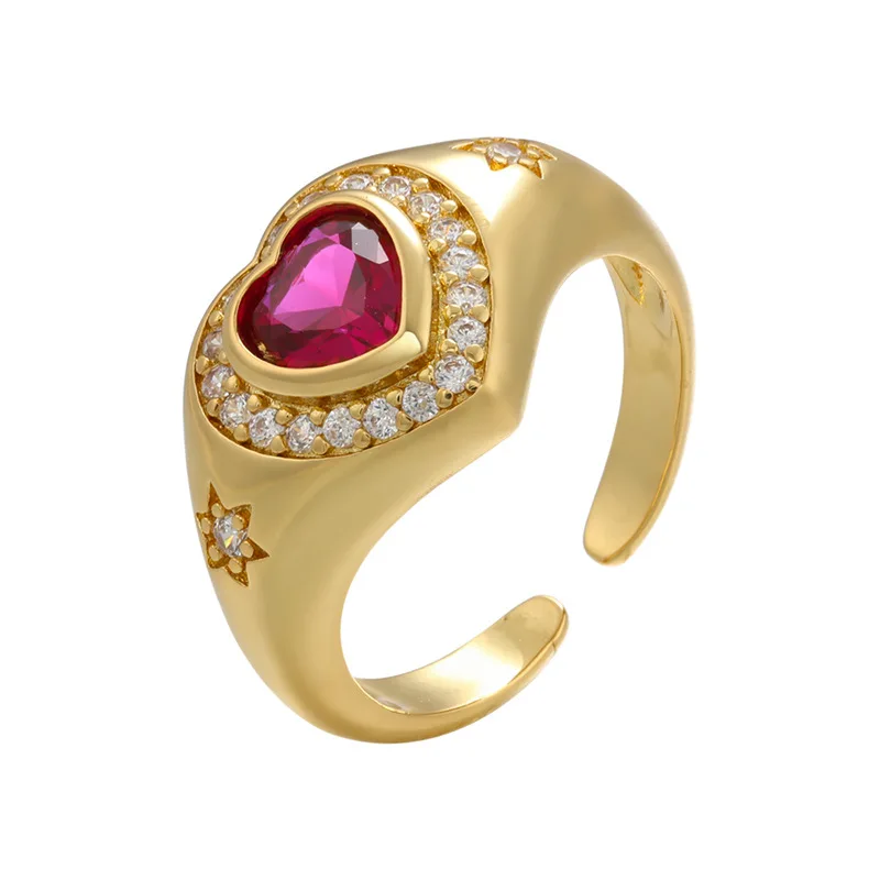 

QMHJE Lover Heart Ring for Women Men Red Crystal Stone CZ Jewelry Female Wedding Engagement Lover Gift Gold Silver Color Flower