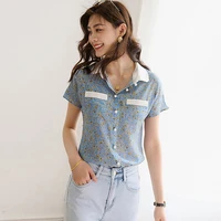 100 silk blouse women shirt casual style vintage printed single breasted turn down neck short sleeve pocket shirt new fashion