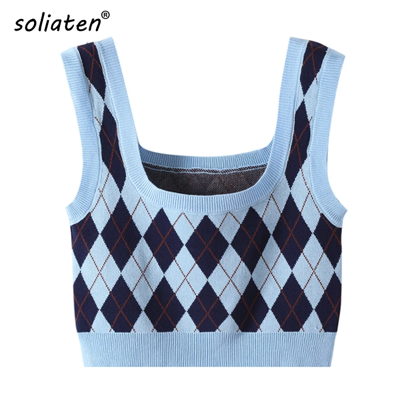

Vintage Argyle Sweater Vest Women Sleeveless Plaid Knitted Crop Sweaters Preppy Style Female Waistcoat Chic Tops A-005