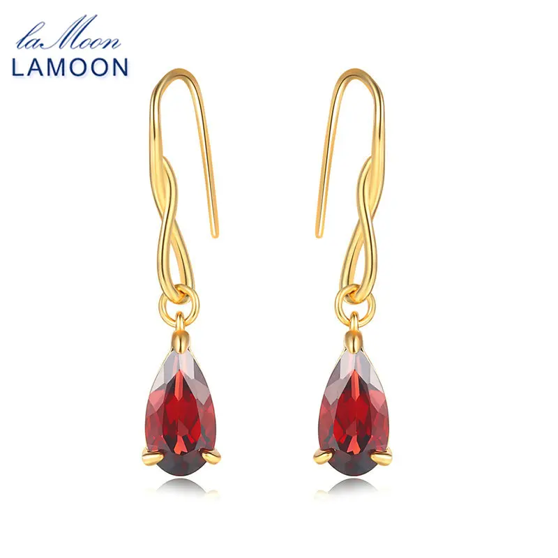 LAMOON Drop Earring For Women Water Drop 100% Natural Red Garnet 925 Sterling Silver Gold Color Jewelry EI078