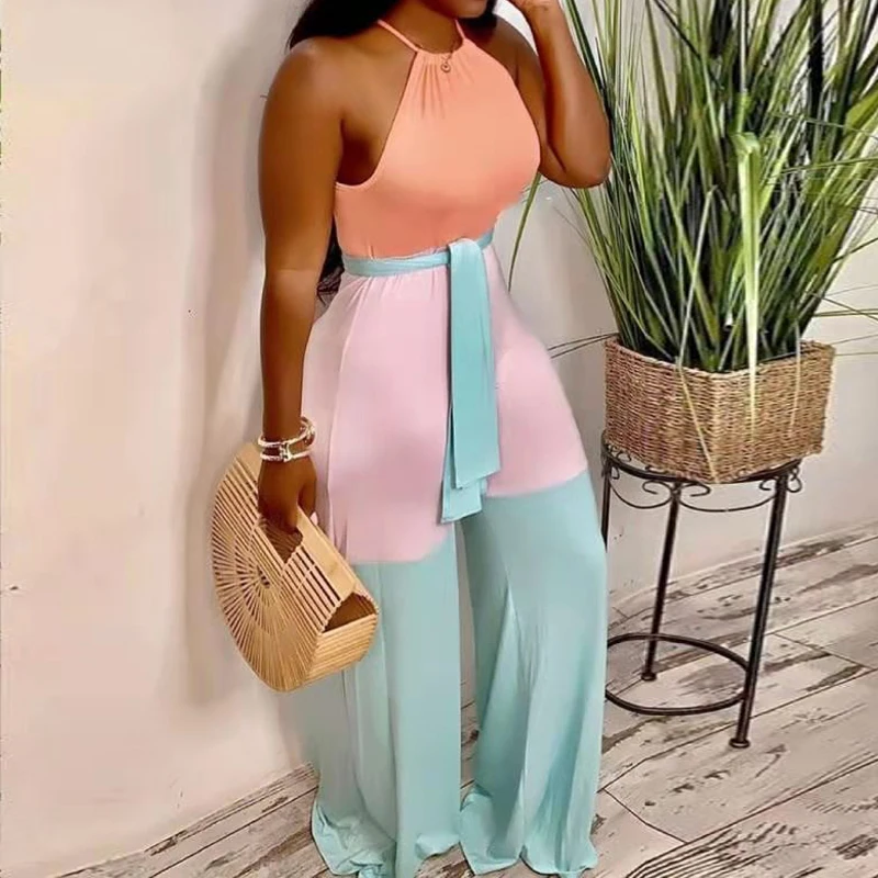 

Summer Women Elegant Halter Stitching Lace Up Wide Leg One Piece Jumpsuit One Piece Outfit
