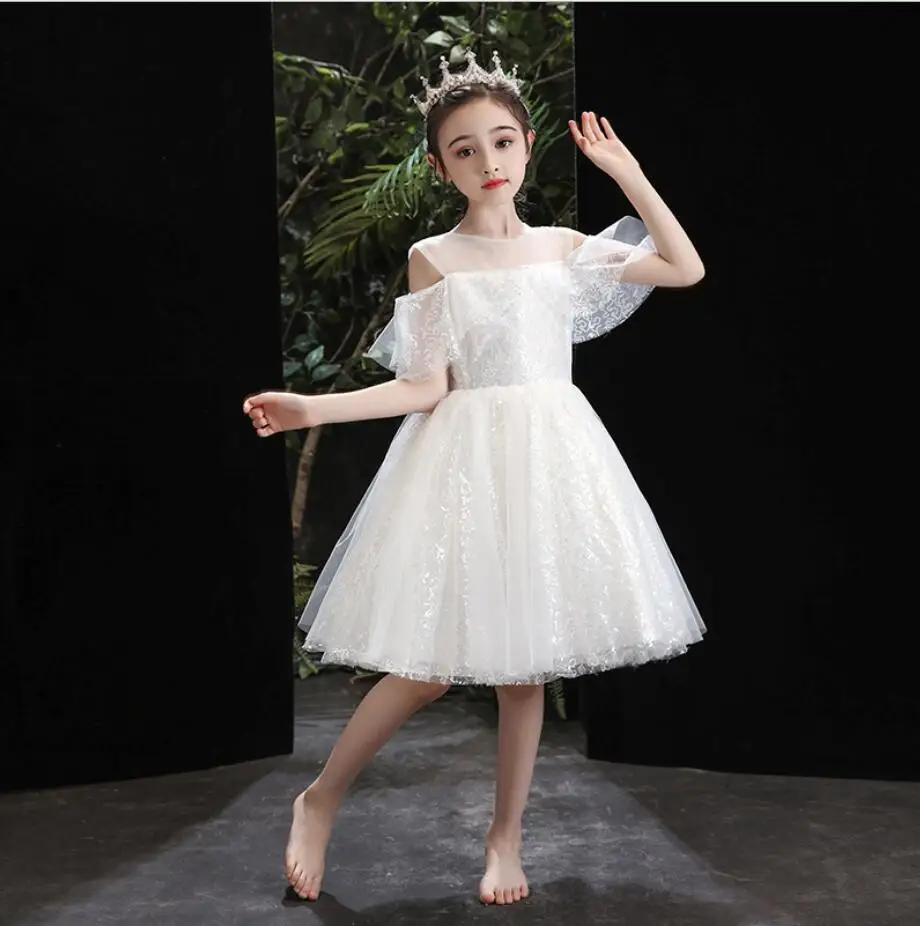 Летние белые кружевные Детские платья с блестками для торжеств Элегантные