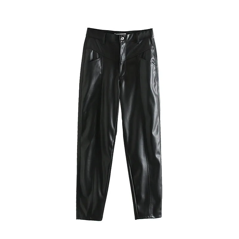 Женские черные брюки из искусственной кожи с карманами на молнии винтажные