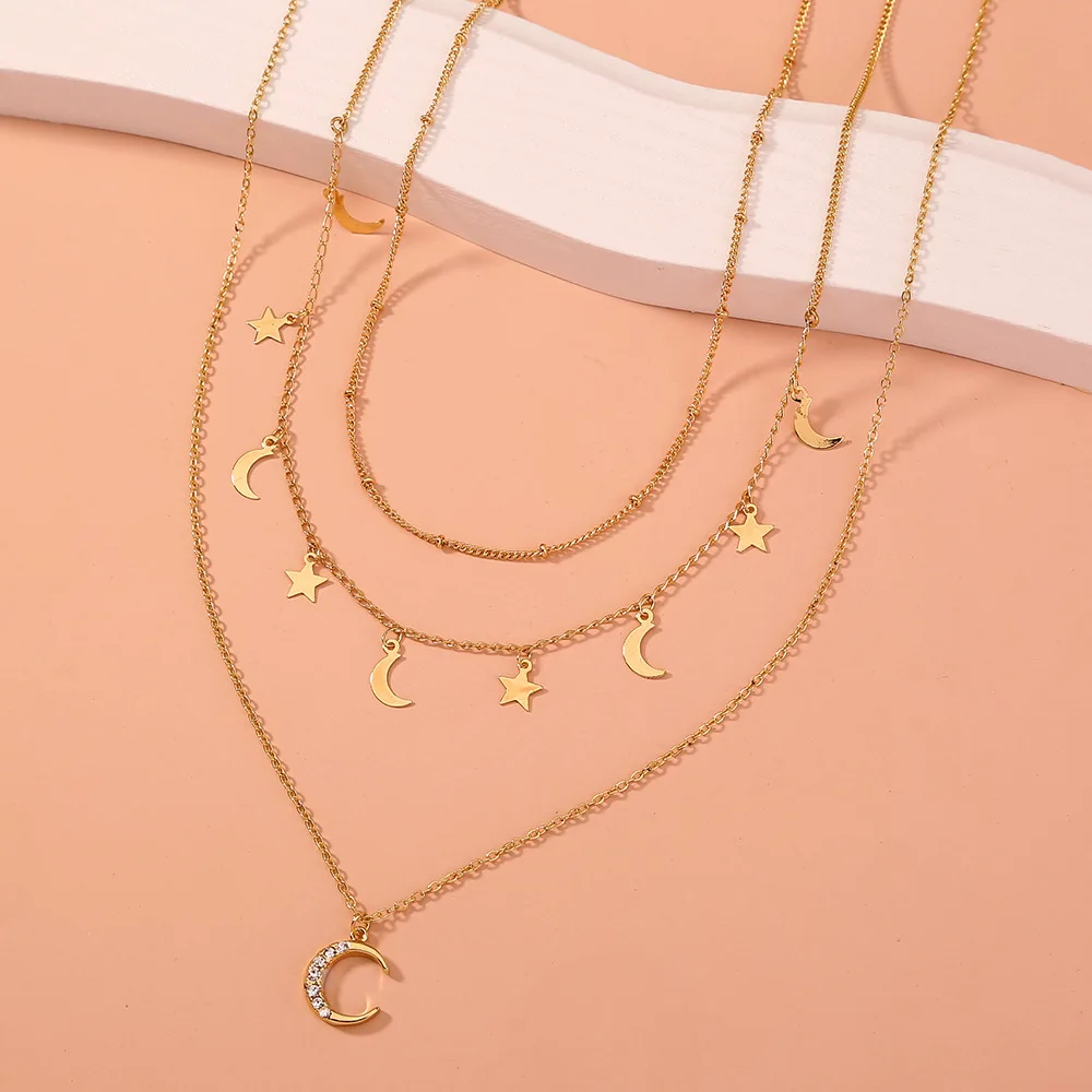 

Women's Personality Multi-Layered Diamond-Studded Moon Necklace, Star And Moon Tassel Chocker Trend Wild Multi-Layer Necklace
