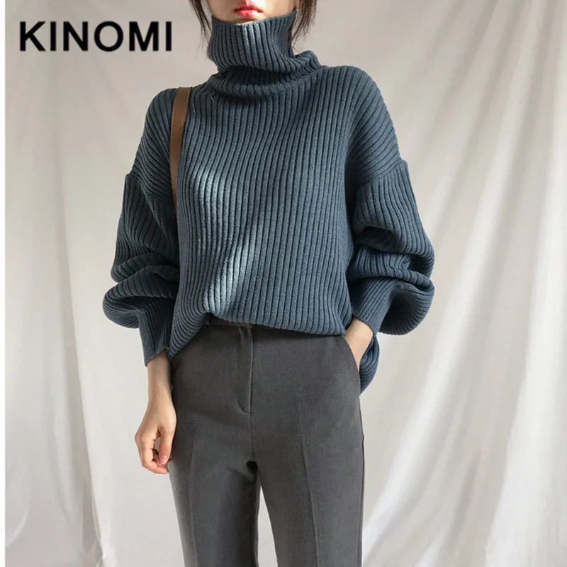 KINOMI Simple Women's Pullover Sweaters Autumn Winter Warm Fashion Solid Turtleneck Thicken Long Sleeve Loose Tops 2019 New Blue | Женская