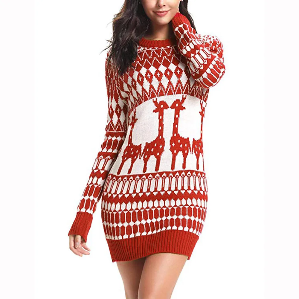 Winter Christmas Sweater Women Long Knitted Pullovers Sweaters Dress Female O-Neck Sleeve Jumper | Женская одежда
