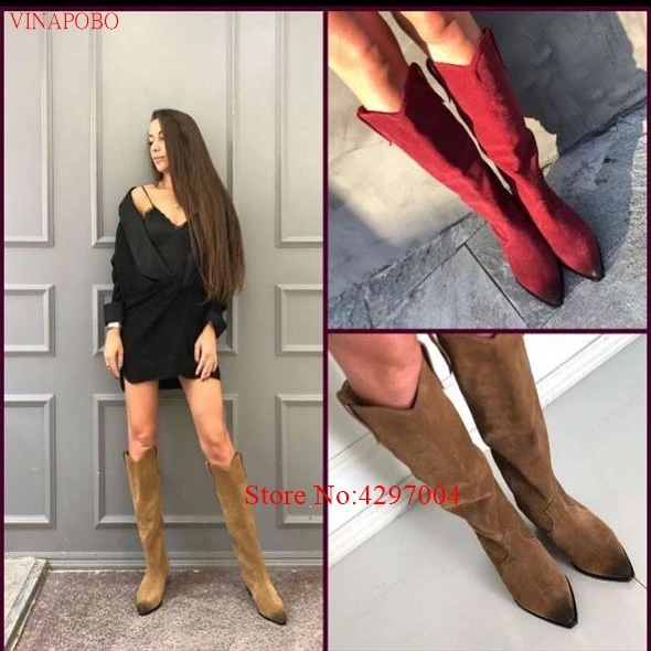 Женские замшевые сапоги до колена высокие ковбойские из натуральной кожи с