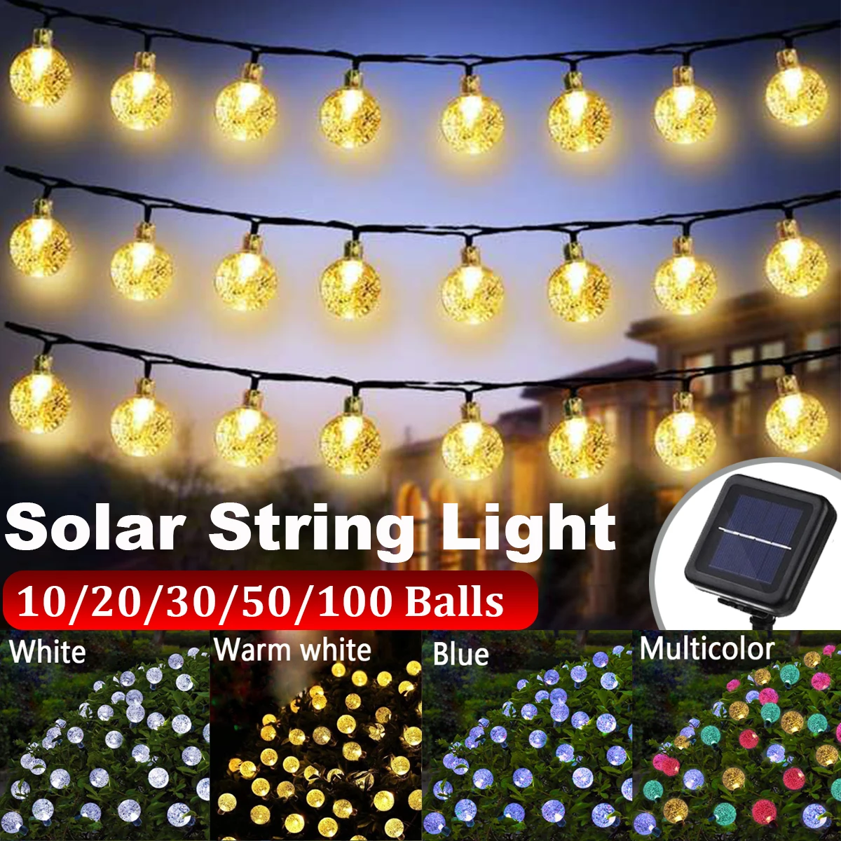

10/20/30/50/100 Balls 8 Modes Solar String Lights Decoration Lighting Waterproof Crystal Ball Fairy Lights for Garden,Yard,Home