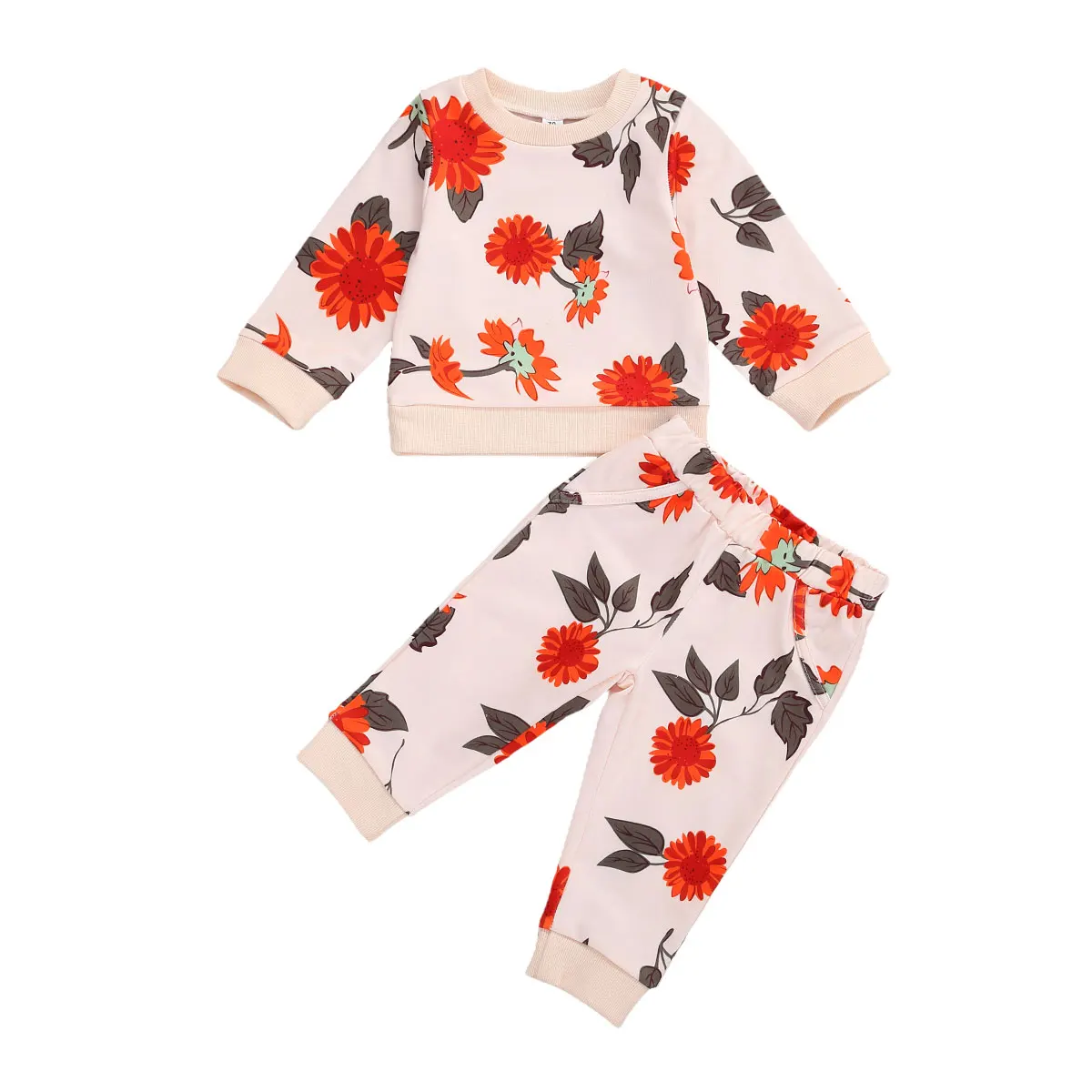 

0-24M Autumn Baby Girls Boys Clothes Sets Flowers Print Long Sleeve Pullover Sweatshirts Tops Pants