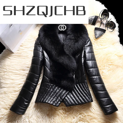 

SHZQ Natural Fox Fur Collar Genuine Leather Jacket Women Winter White Duck Down Jacket Real Sheepskin Coat Female Outwear 523