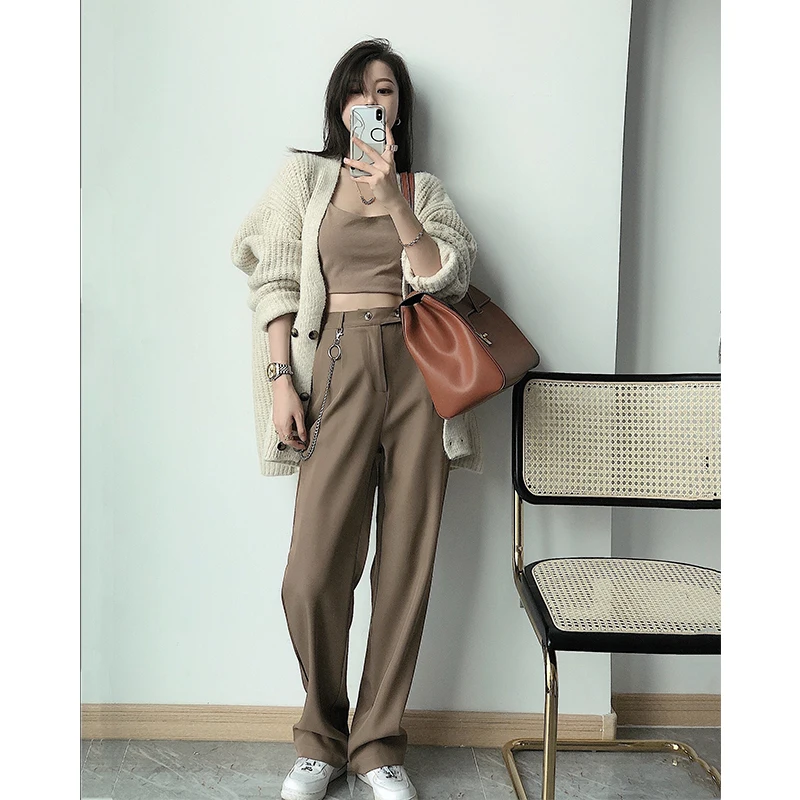 

High Quality Drape Suits Pants Office Ladies Long Wide Leg Straight Trouser Plus Size Chic High Waist 2021 Summer Pants