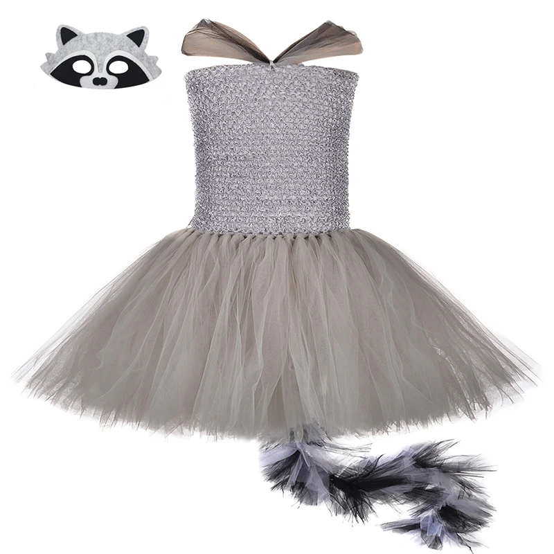 Raccoon Animal Role Play Costume With Mask Girls Superhero Fox Birthday Tutu Dress and Long Feather Tail For Halloween Holidays | Детская