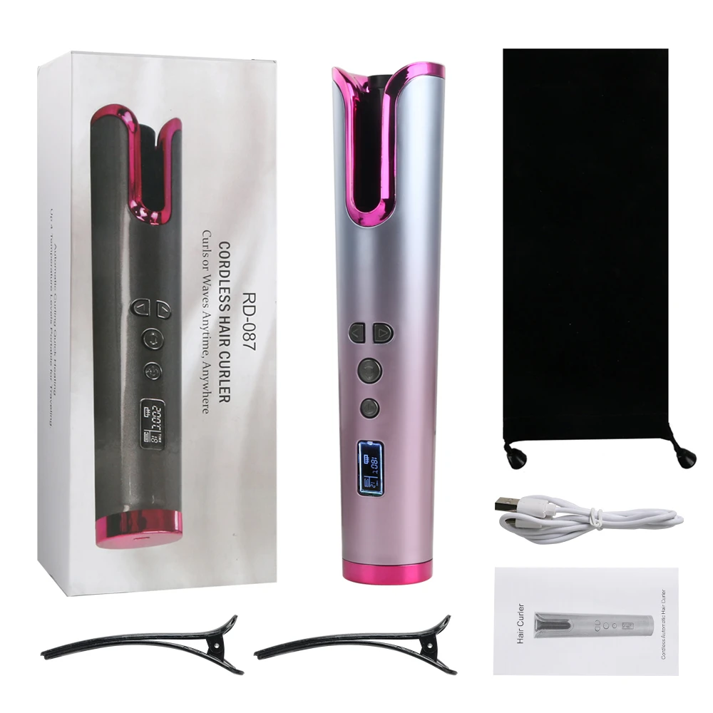 

Auto Rotating Ceramic Hair Curler USB Rechargeable Automatic Curling Iron LED Display Temperature Cordless Wave Curler
