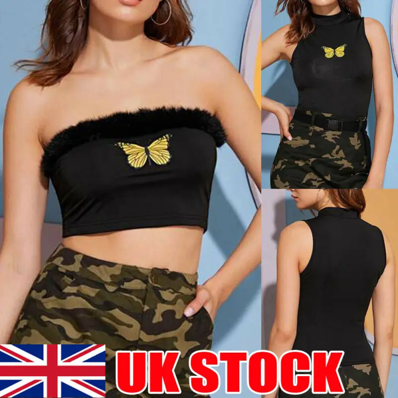 Модная женская черная блузка с лямкой на шее майка рисунком бабочка без рукавов