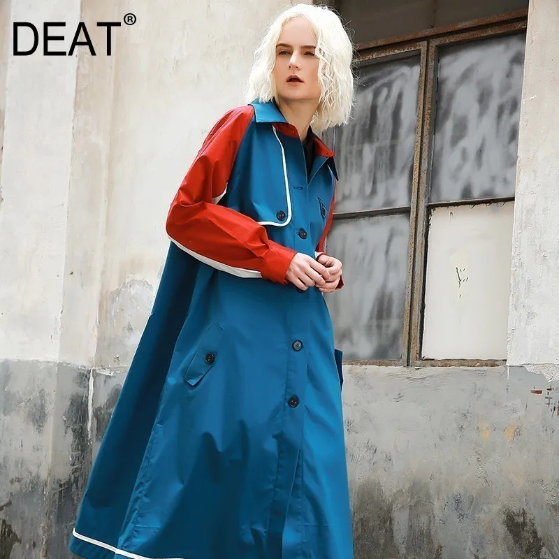 Женская ветровка с карманами DEAT свободная Длинная контрастных цветов отложным