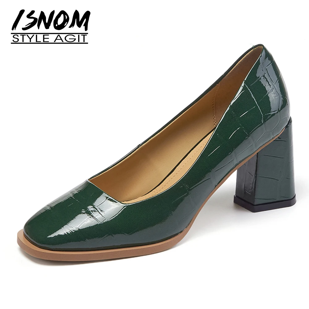 

ISNOM 2021 New Women Genuine Leather Pumps Square Toe Chunky Heels Concise Slipped Classic Basic Lady Dress Shoes