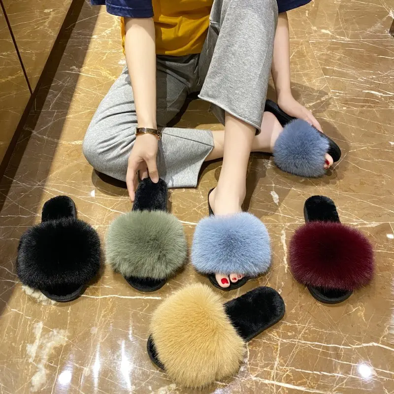Solid Fur Slides New Winter Warm Slippers Women Shoes Woman Flat Sole Furry for Plus Size Zapatos De Mujer | Обувь