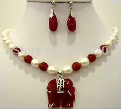 

Оптовая продажа, ювелирные изделия JJ6549, ожерелье и серьги с подвеской из пресноводного белого жемчуга и красного камня, набор