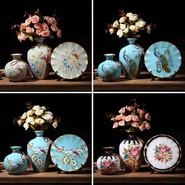 3Pcs/Set Ceramic Vase Dried Flowers Arrangement Wobble Plate Living Room Entrance Ornaments Home Decorations 1