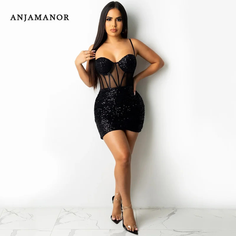 

Черное прозрачное Сетчатое облегающее платье с блестками, модель 2021 года