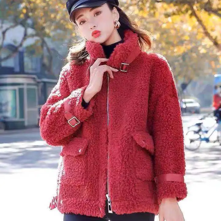 

Women's 2021 Winter Genuine Wool Thickened Coat Female Real Lamb Warm Outerwear Lady Elegant Natural Fur Loose Plush Jacket B13
