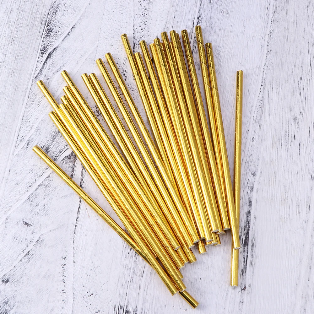 

100pcs Disposable Paper Straws with Golden Foil Stamping Layer for Birthday Party(Golden)