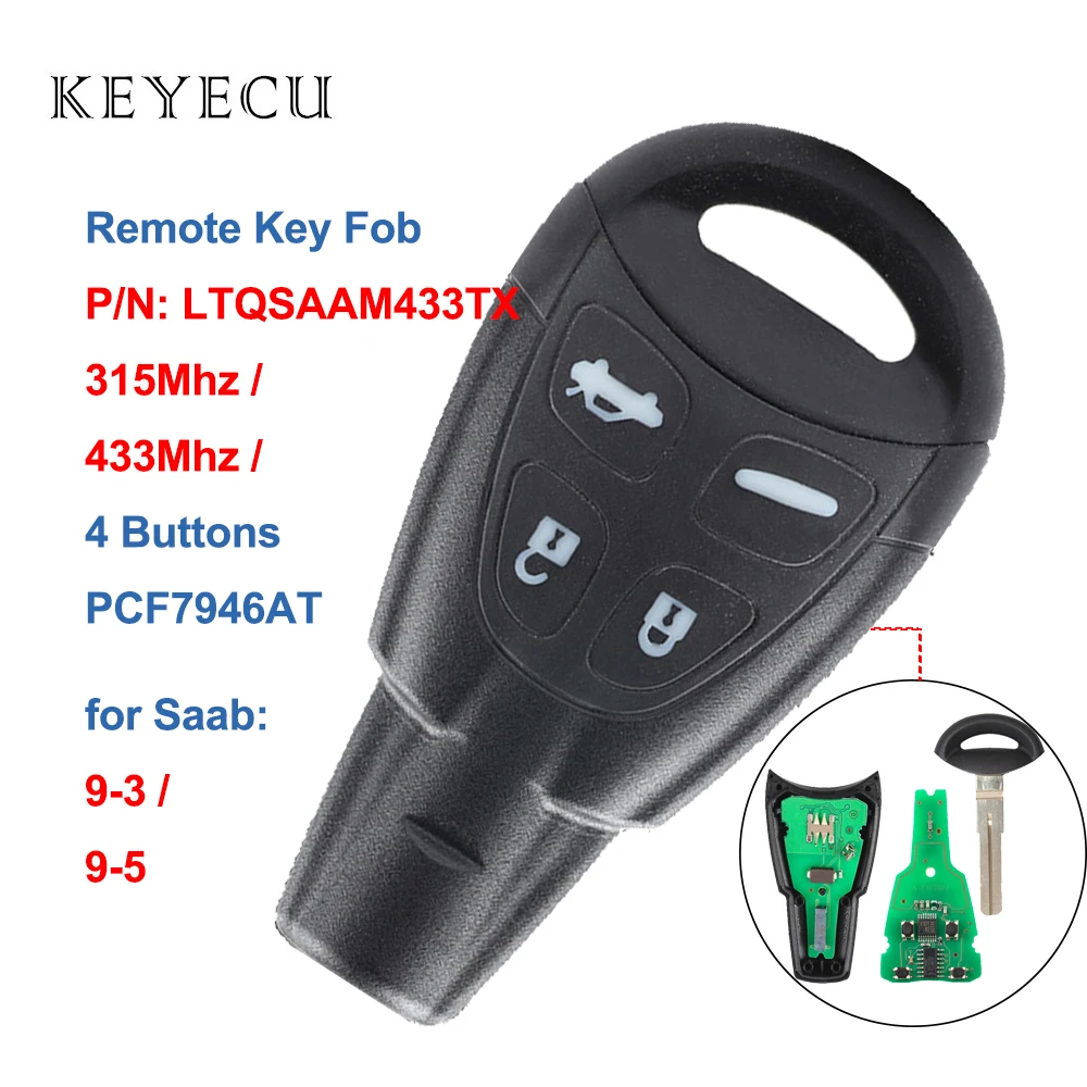 Keyecu дистанционный ключ брелок от машины 315 / 433MHz PCF7946AT для SAAB 9 3 5 2003 2004 2005 2006 2007 2008 2009