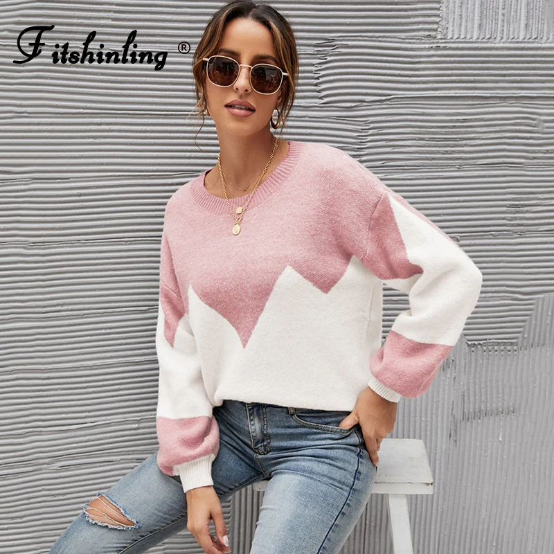 

Fitshinling Fashion Patchwork Sweaters Winter Clothes Women Lantern Sleeve Boho Pull Femme Vintage Slim Pullover Jumper Knitwear