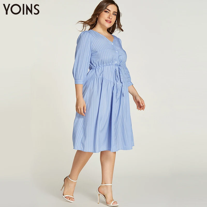 Женское миди платье YOINS элегантное в полоску с v образным вырезом поясом на