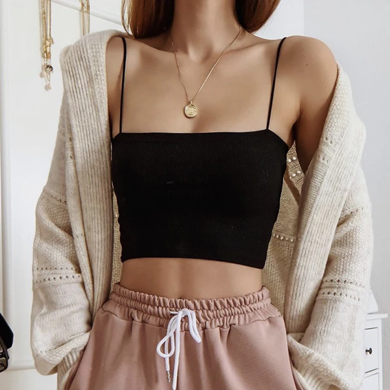 

FINETOO Thin Strap Tops Sexy Solid Color Camisoles Comfortable Cotton Tanks Women Active Top Fashion Bralette Tube Top Lingerie