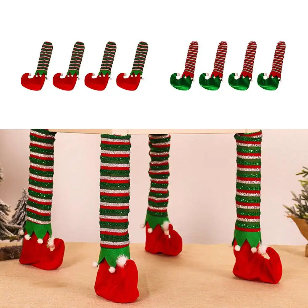 

4pcs Christmas Decorations Striped Elf Table Leg Cover Chair Cover Floor Protector Pads Pipe Plugs Furniture Leveling Feet