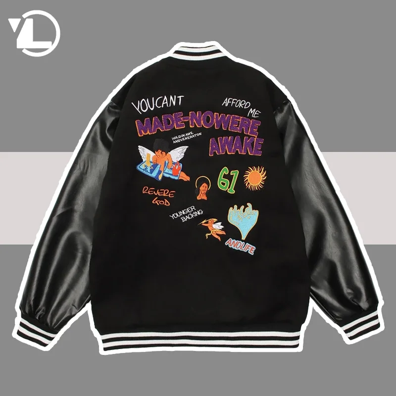 

Hip Hop Baseball Jacket Men Furry Letter Angel Embroidery Patchwork Bomber Coat Harajuku Punk Vinatge Streetwear Varsity Jackets