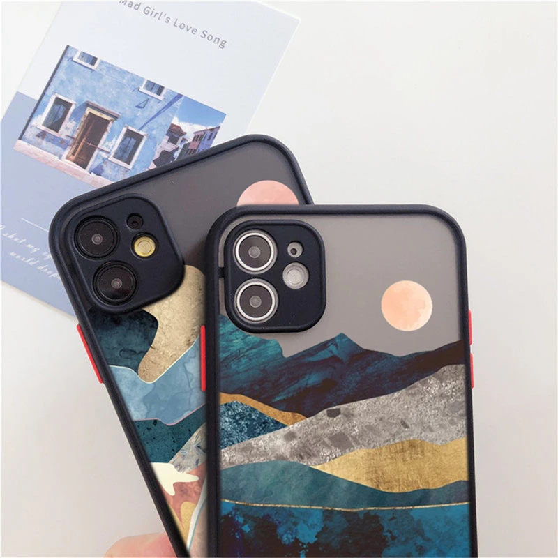 

Fashion Landscape Painting Case For iPhone 11 Pro Max XS Max XR X 12 Mini 7 8 Plus SE 2020 Matte Bumper Shockproof Clear Cover
