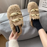 2021 winter women home cotton slippers plush metal decoration slides cute bedroom indoor shoes non slip furry lambswool slippers