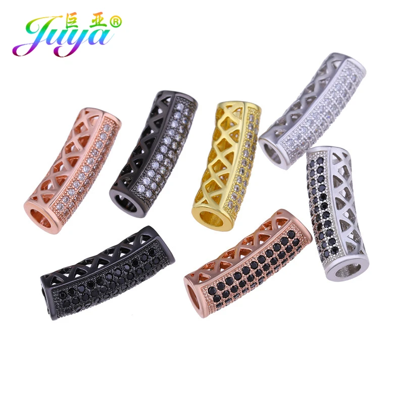 Juya DIY золотые/серебряные/розовые золотые разделительные бусины, поставки, микро проложенные циркониевые изогнутые трубчатые бусины для изготовления ювелирных изделий из натурального камня и жемчуга