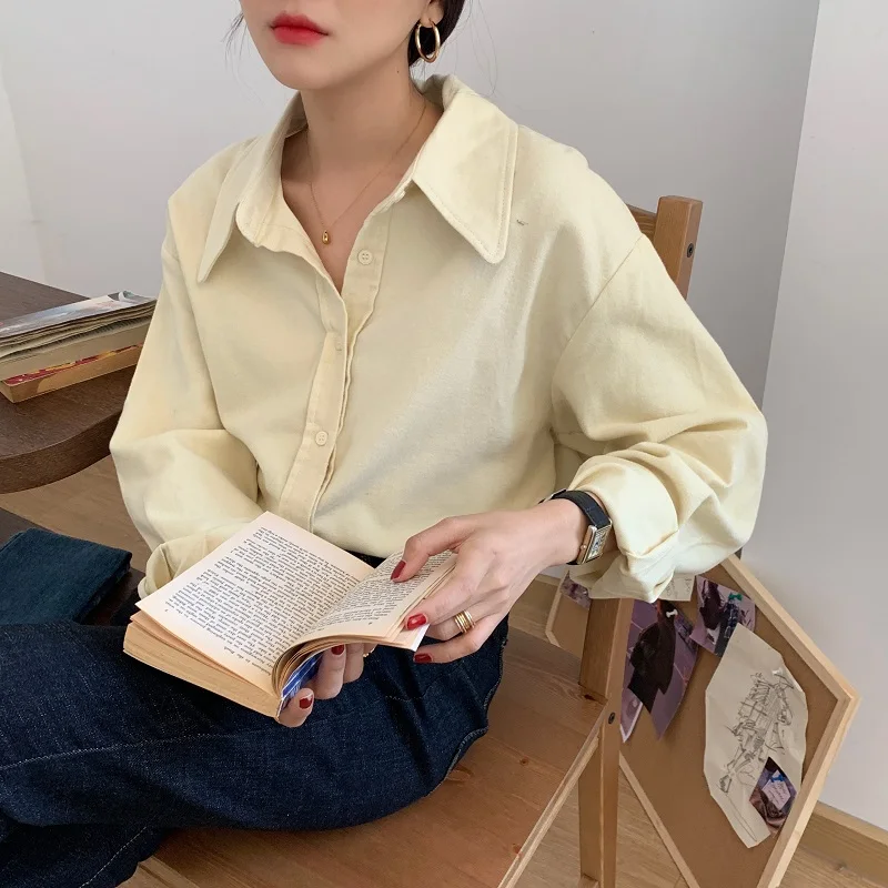

Korean Chic Autumn and Winter French Gentle Cream Yellow Loose and Idle Warm Brushed Lapel Long Sleeve Shirt Top Women
