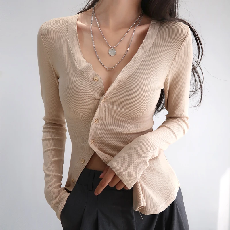 

Women Deep V Neck Long Sleeved T-shirt With Asymmetric Buttons Detail