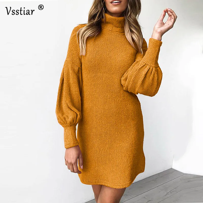 Vsstiar свитер платье 2019 водолазки рукав фонарик длинный сплошной Повседневный
