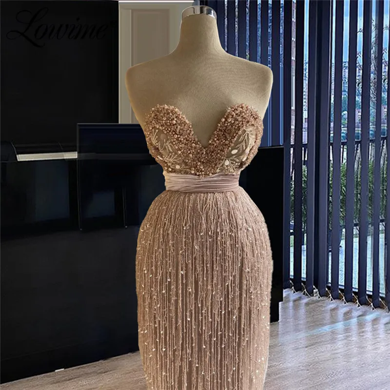 Pink Formal Dubai Evening Dresses Tassel Beading Celebrity Dresses 2021 Couture Arabic Dresses For Women Party Long Prom Dress