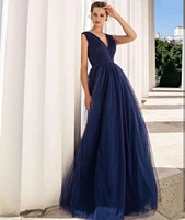 nave blue evening dress a line 2020 v neck court train party dress graceful sleeveless formal women elegant brilliant