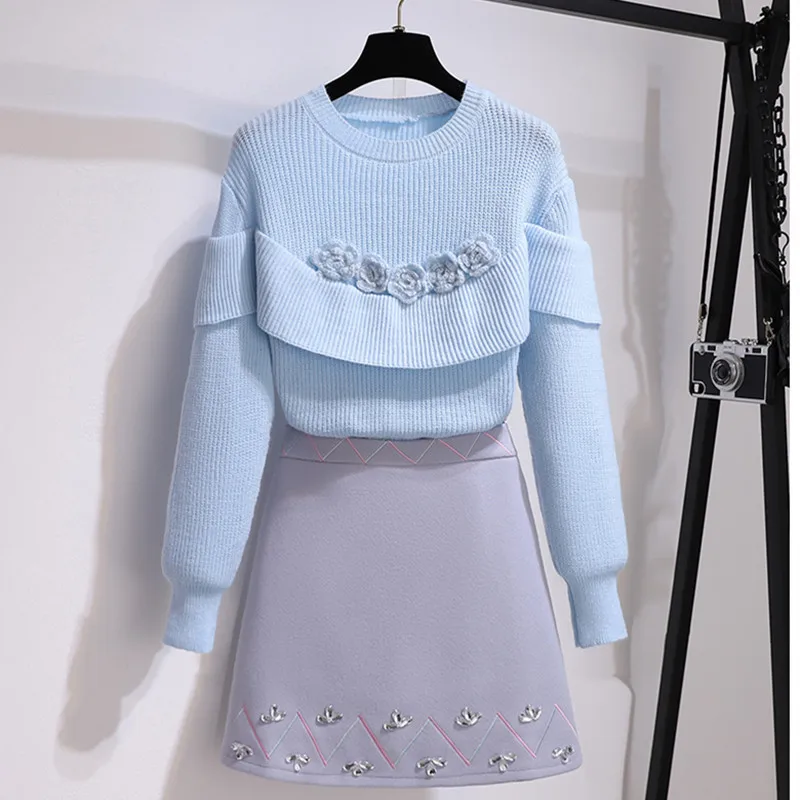 

Fall Winter New Sweater Suits for Women Fashion Flower Appliques Pullover Tops and Beaded Woolen Mini Skirt 2 Piece Sets Female