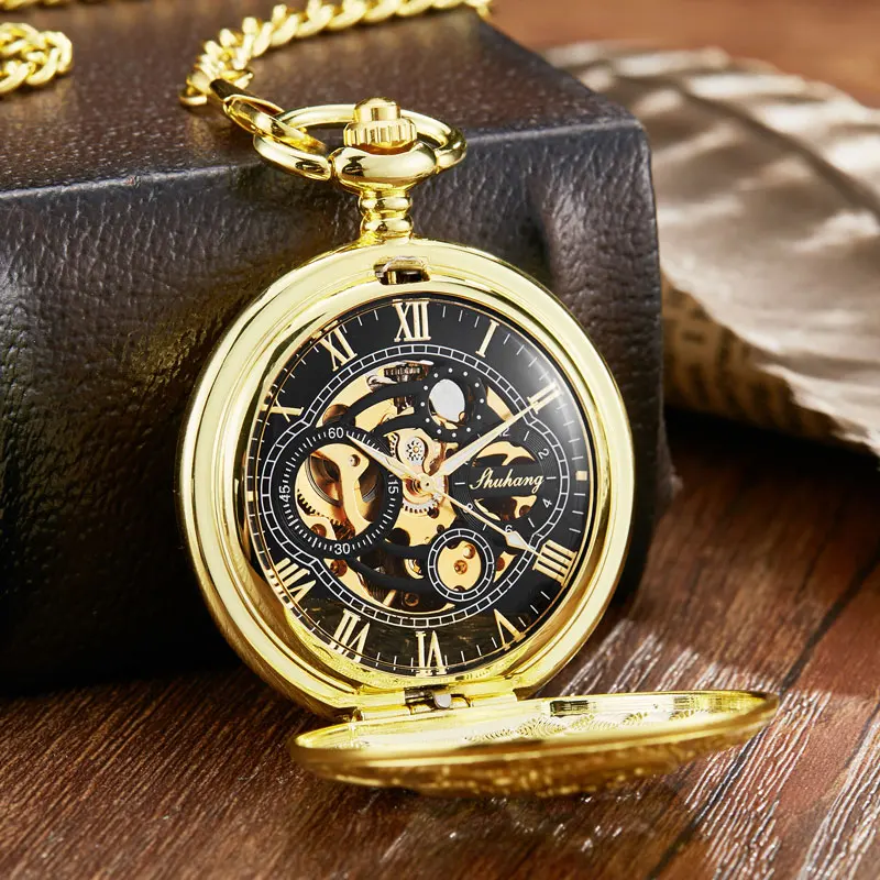 Luxury Sliver Steampunk Skeleton Chinese Flying Dragon Mechanical Pocket Watch Chain Pendant Mechanical Hand Wind Men Fob Watch