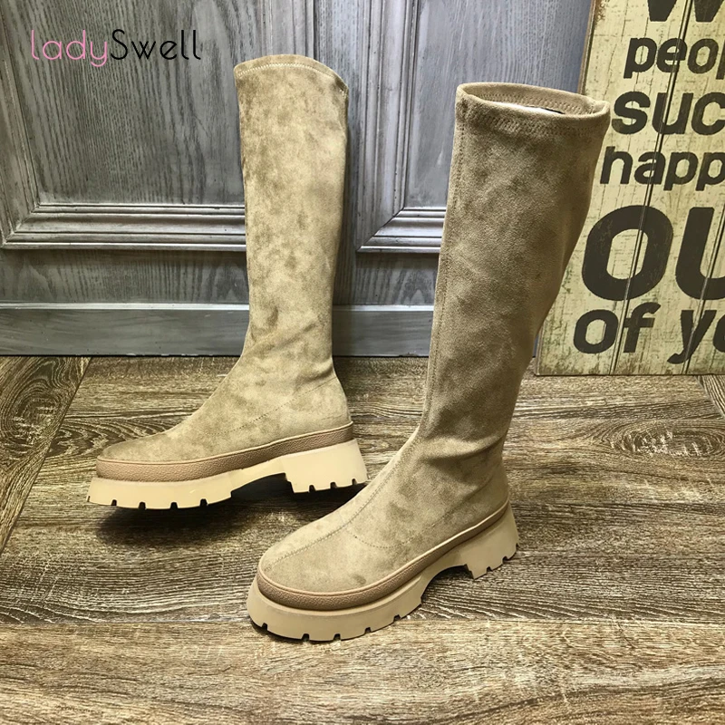 

Женские эластичные сапоги до колена LadySwell, новые высокие сапоги на толстой подошве, замшевые, кожаные, длинные, Стрейчевые сапоги