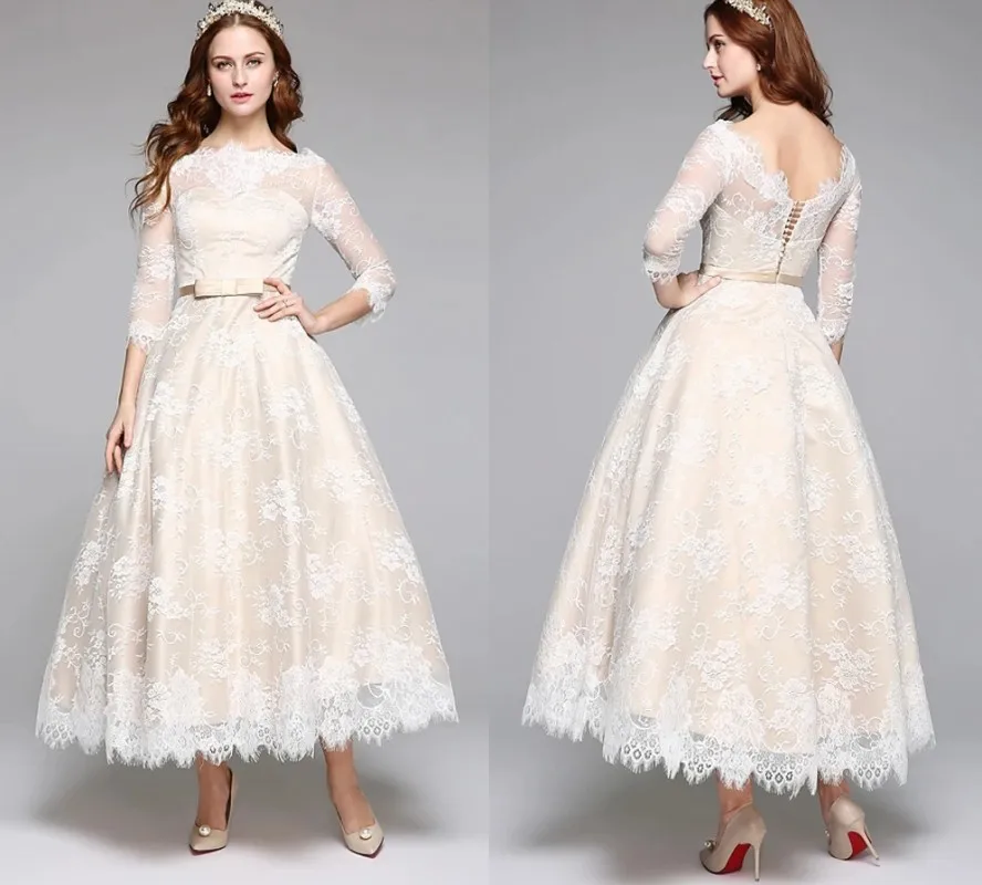 

A-Line Champagne Wedding Dress Bateau Neck Tea Length Lace Half Illusion Sleeve Casual Boho Bridal Gown Robe De Mariage