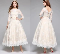 a line champagne wedding dress bateau neck tea length lace half illusion sleeve casual boho bridal gown robe de mariage
