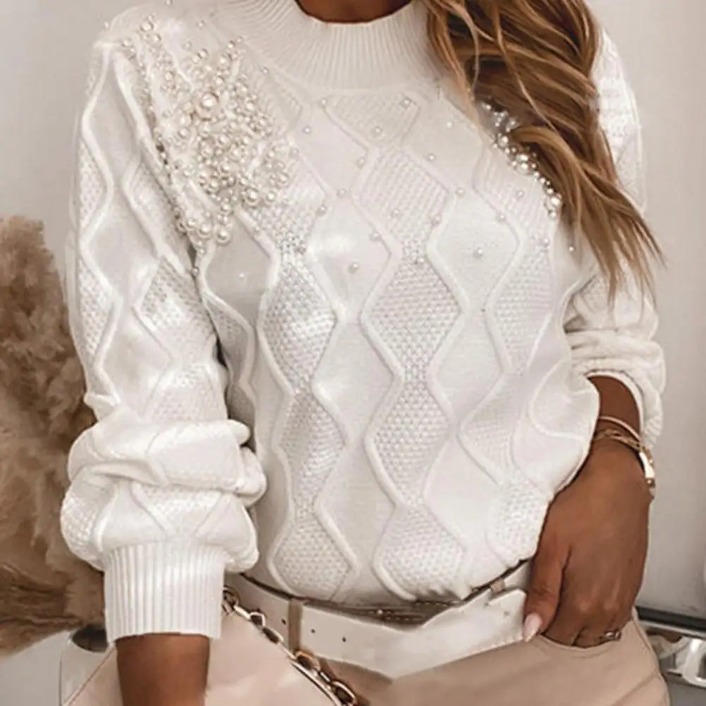 

Autumn Winter Women Sweaters 0 Neck Clothing Beaded Decor Long Sleeve Cute Knitted Pullover Warm Sweater White Elegant Jumper