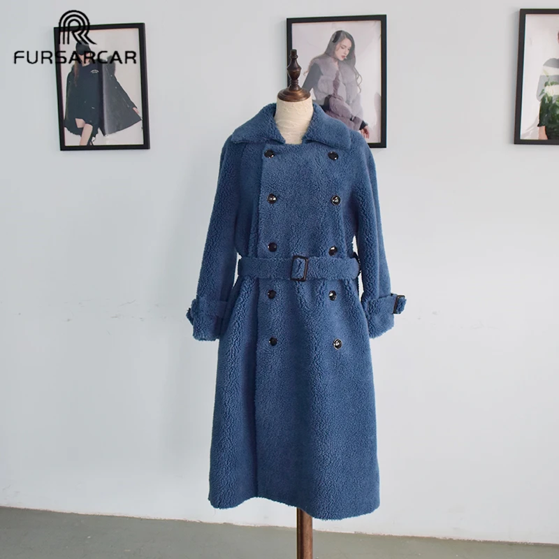 FURSARCAR длинные пальто флисовые куртки зимнее теплое плюшевое Пальто Кардиган деловой пикантный Женский шерстяное пальто плюс размер
