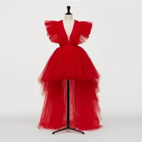 new red high low tulle women dresses 2020 sexy deep v neck long tulle formal party dress women summer vestidos