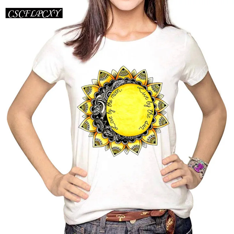 Женская мода хипстер солнце и луна мультфильм печатных топы Tumblr карандаш Harajuku