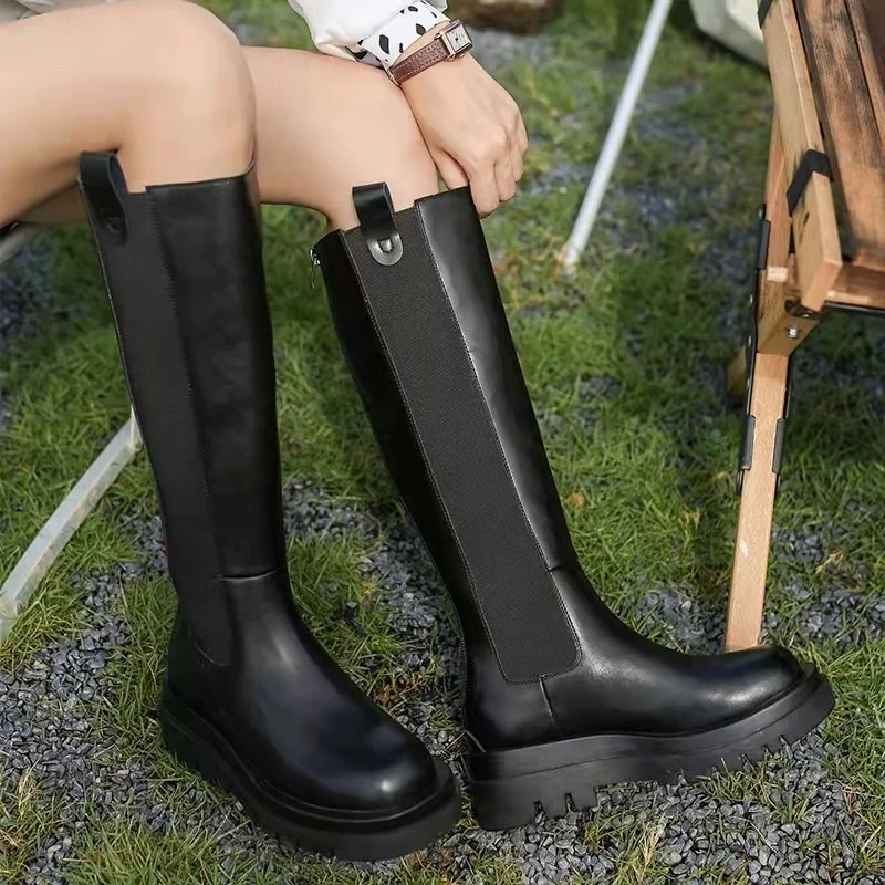 New Fashion Plus Size 34-43 Genuine Leather Knee High Boots Women Zip Square Heels Brand Winter Boots Female Chunky Ladies Botas